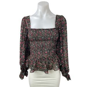 Code X Mode Women's Black Floral Smocked Square Neck Long Sleeve Blouse Top S